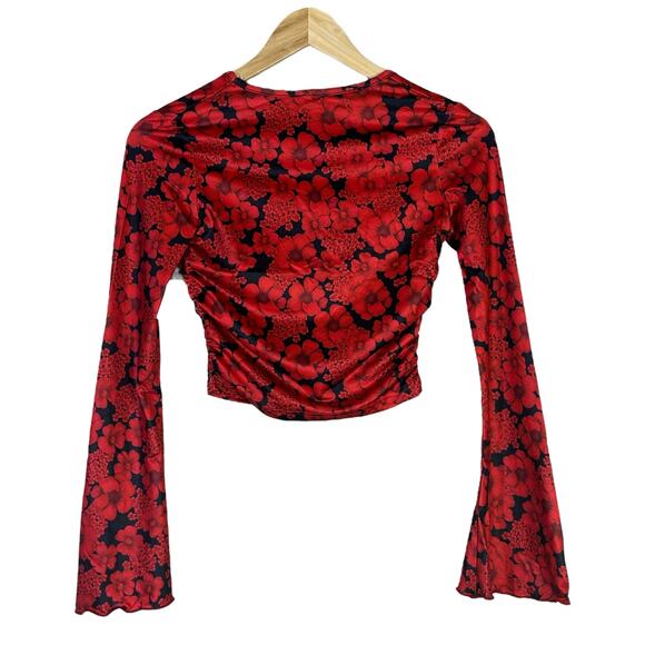 NWT Crop Top Maxi Skirt Matching Set Womens S Red Black Floral Bell Sleeve Indie - Picture 6 of 8